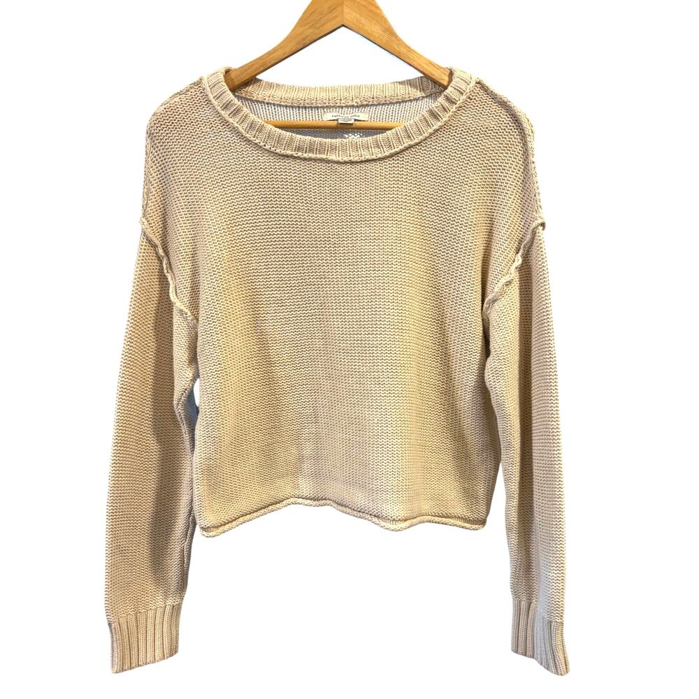American Eagle Cropped Knit Sweater Beige White Chunky Crew Neck Neutral XS